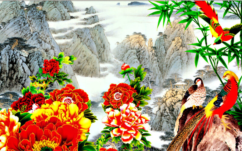 Peony Flowers and Birds — Red