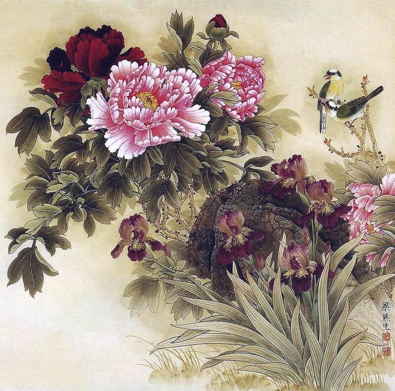 Peony Flowers and Birds