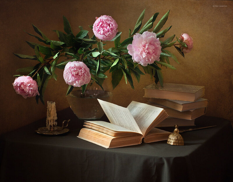 Peony Flowers and Books