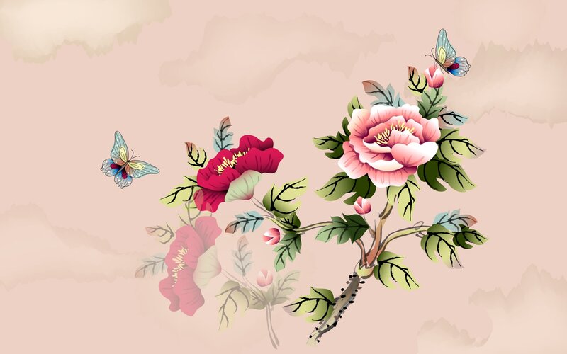 Peony Flowers and Butterflies