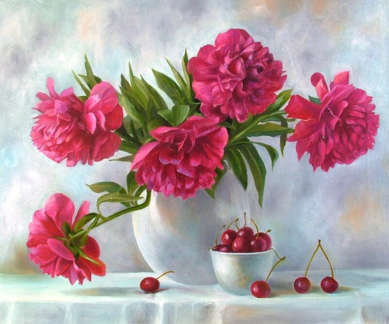 Peony Flowers and Cherries — Pink