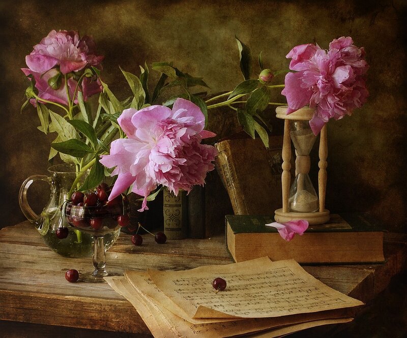 Peony Flowers and Cherries