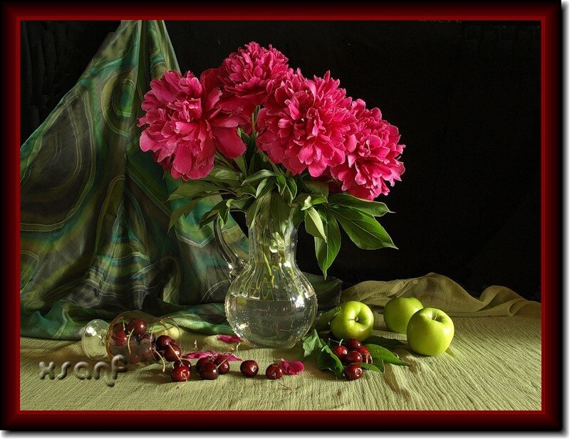 peony flowers and fruit still life