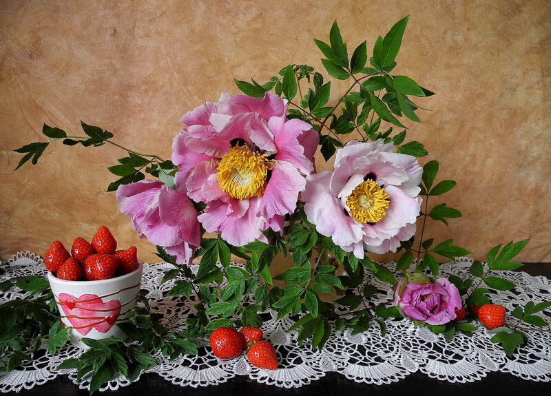 Peony Flowers and Strawberries