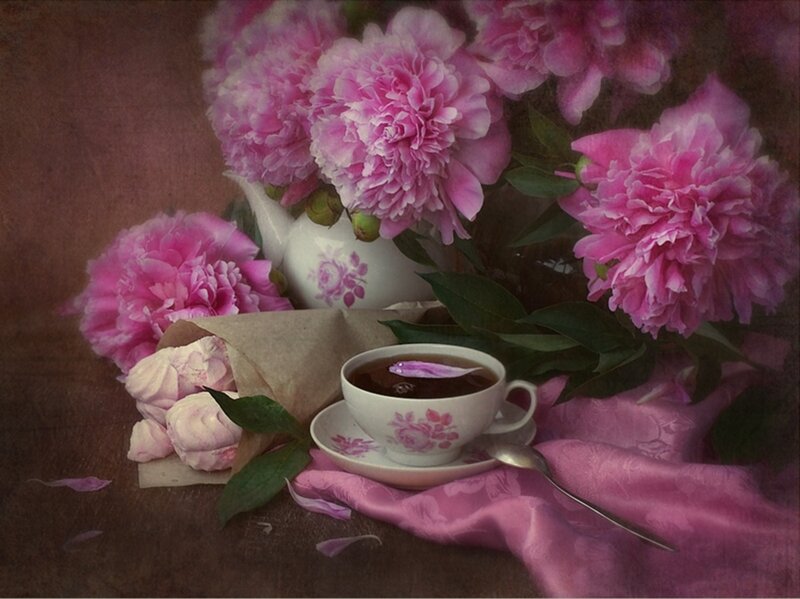 Peony Flowers and Tea