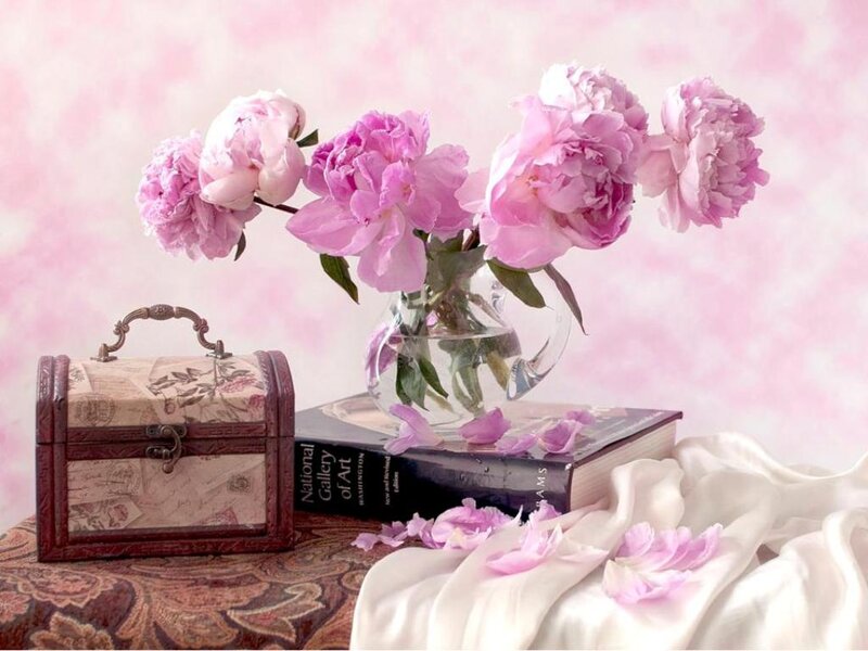 Peony Flowers in Vase — Pink, Serene, Photograph, Book