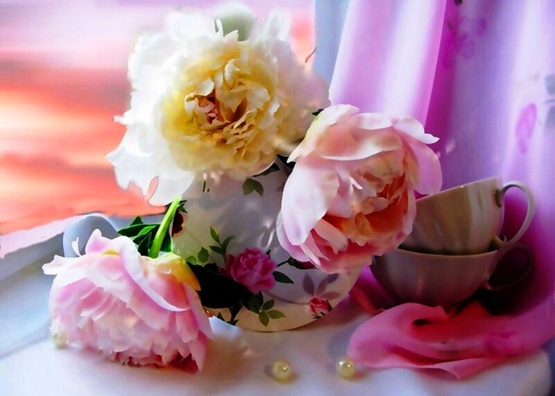 Peony Flowers in Vase — Pink, Serene, Sunset