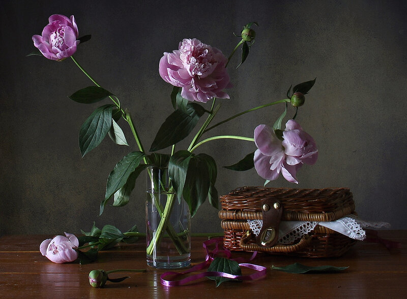 Peony Flowers in Vase — Purple, Dramatic