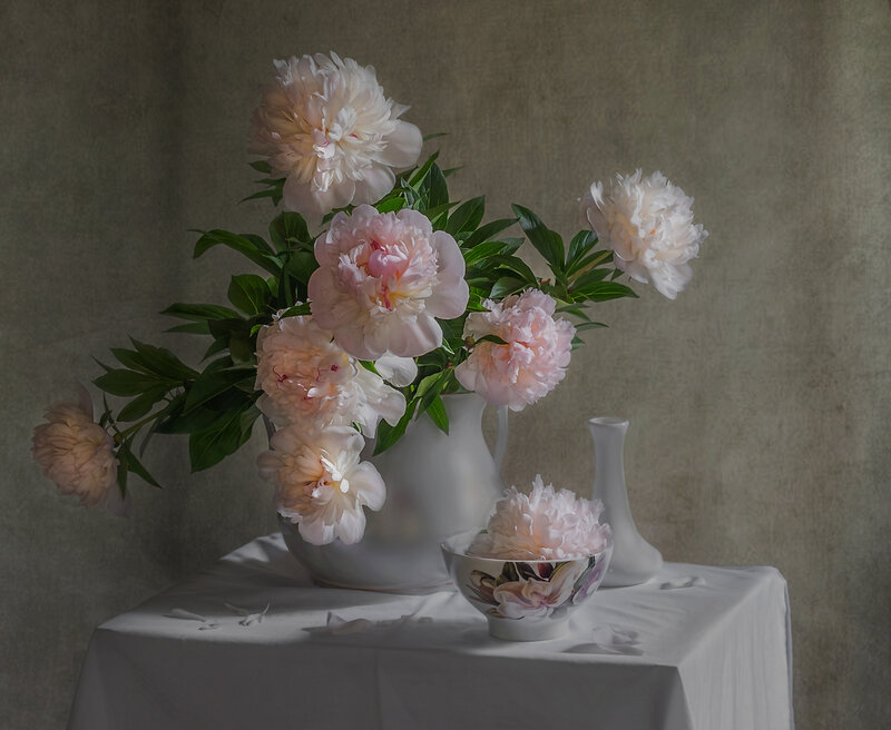 Peony Flowers in Vase — White, Serene, Photograph, Bowl
