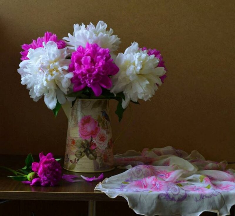 Peony Flowers in Vase — White, Serene, Photograph, Scarf