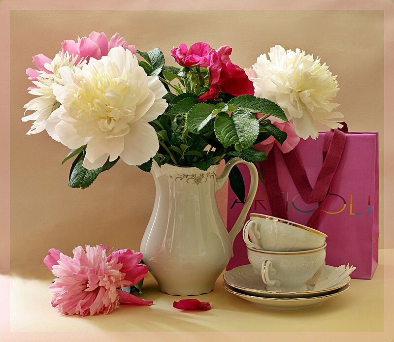 Peony Flowers in Vase — White