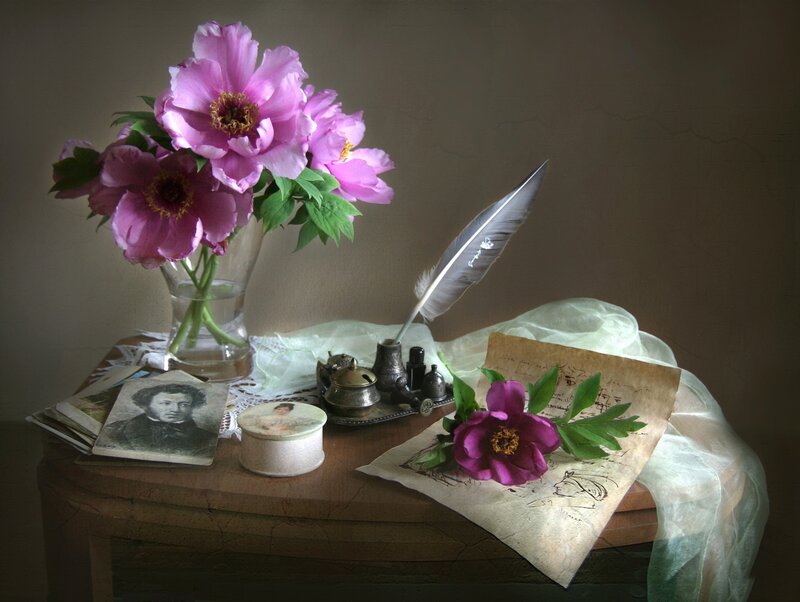 Peony Flowers on Table — Purple