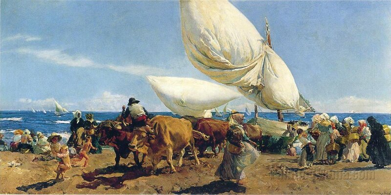People and Cattle on Beach