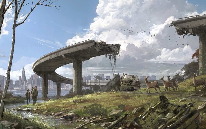 People and Deer Near Bridge