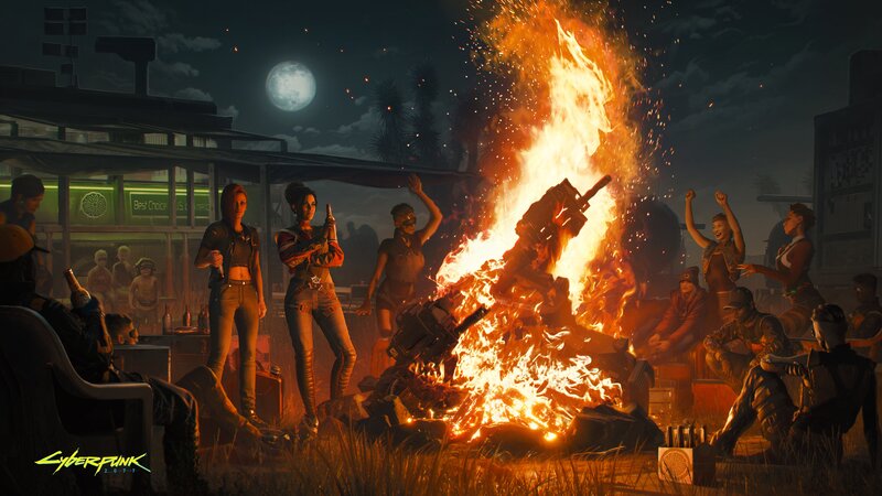 People Around Bonfire — Orange, Dramatic