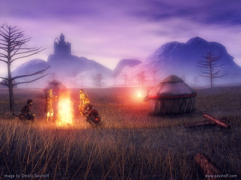 People Around Campfire — Purple, Dramatic
