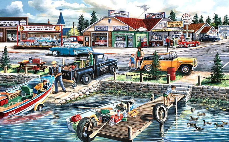 People at a Lakeside Town — Blue