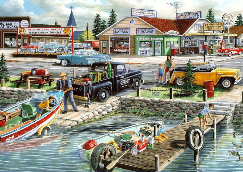 People at a Lakeside Town