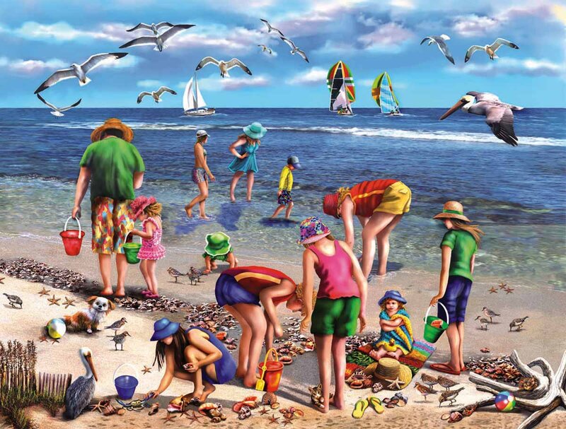 People at Beach Collecting Shells — Blue