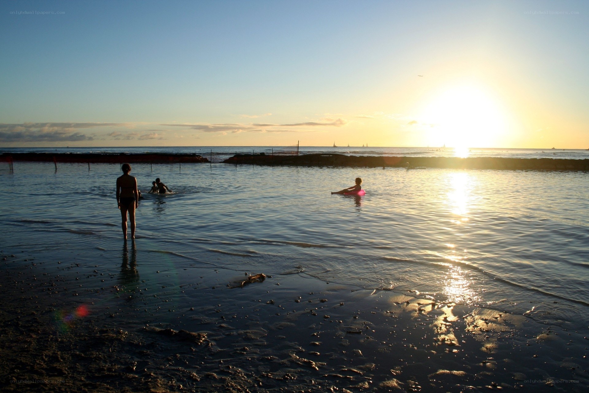 People at beach during sunset