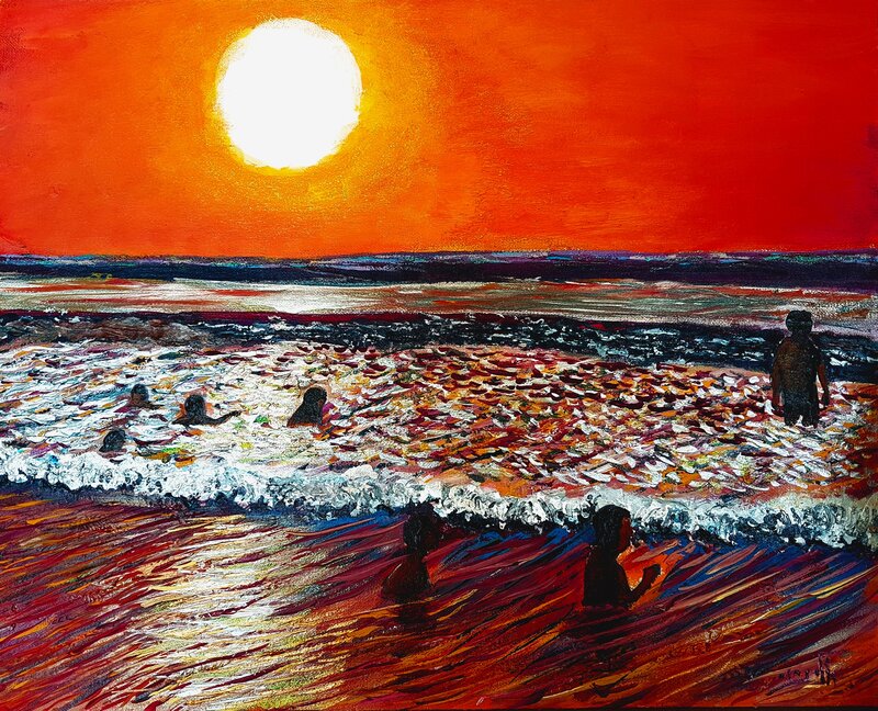 People at Beach Sunset — Red