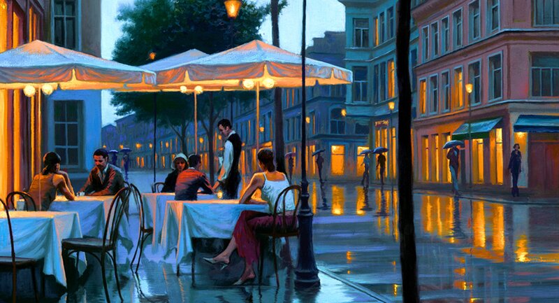 People at Outdoor Cafe — Blue, Calm