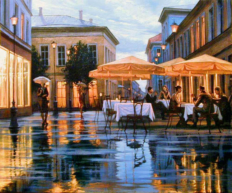 People at Outdoor Cafe — Blue