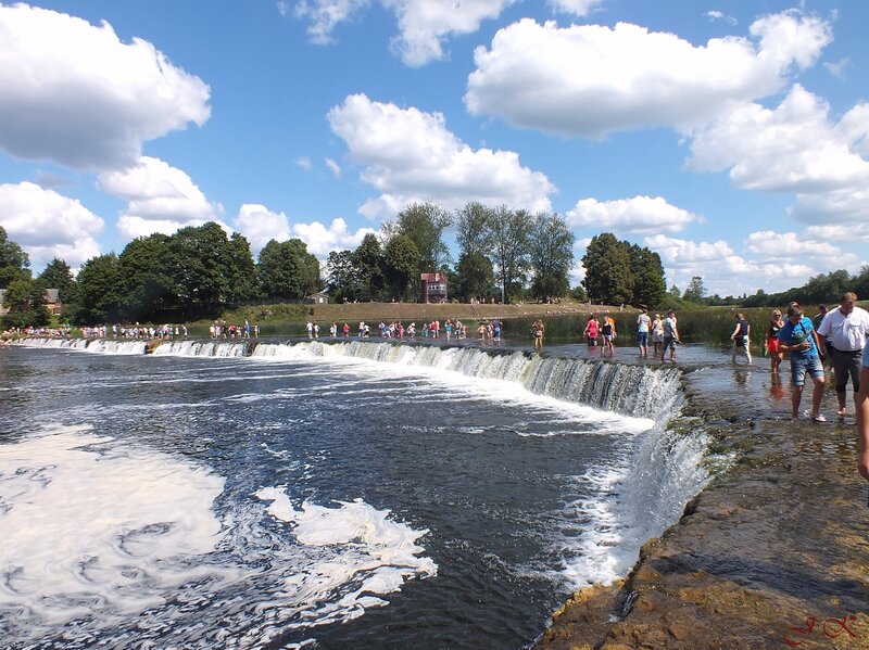 People at River Waterfall — Blue