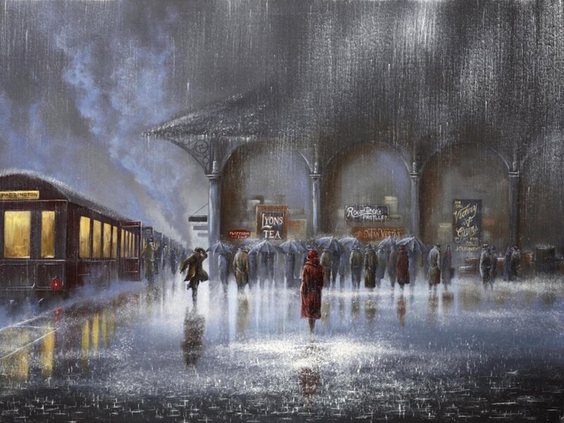 People at Train Station — Gray, Dramatic