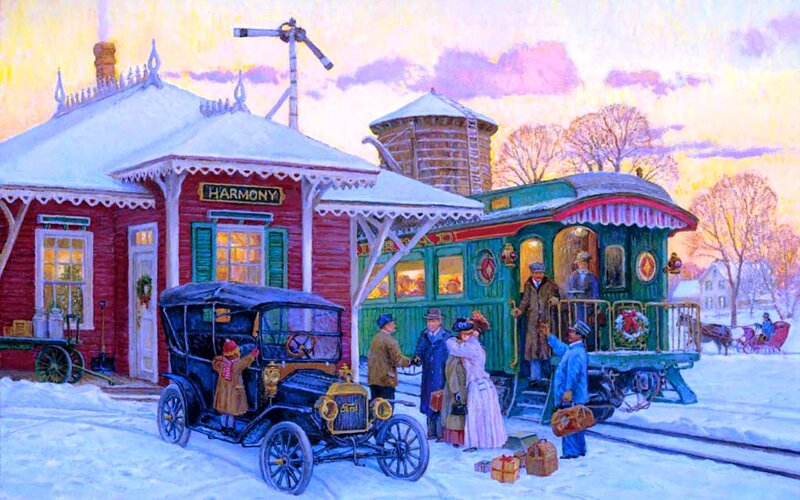 People at Train Station — Red, Festive