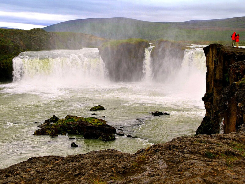 People at Waterfall — Green, Dramatic, Photograph