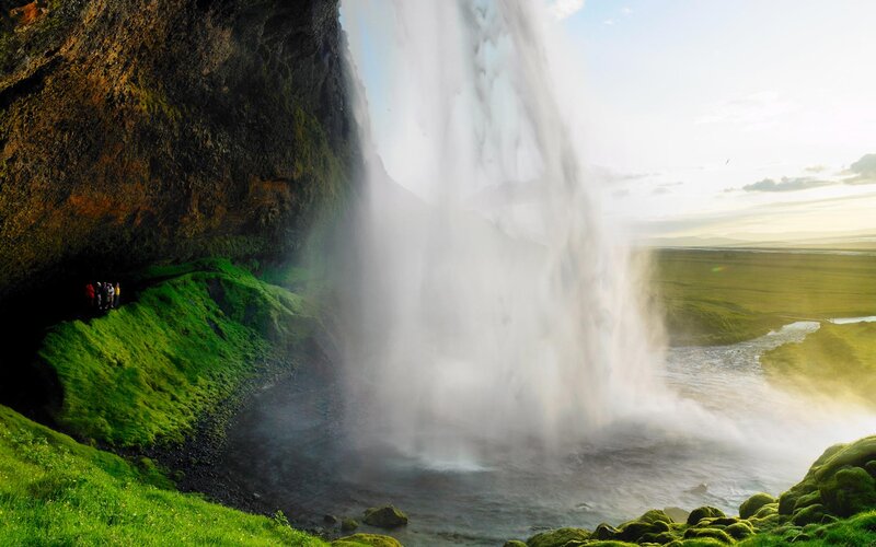 People at Waterfall — Green, Dramatic