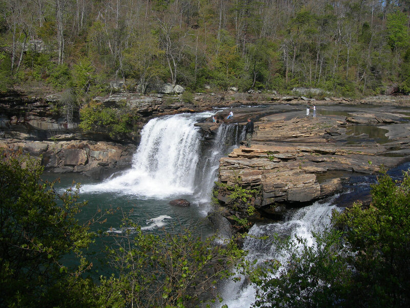 People at Waterfall — Green, Natural, Afternoon, Photograph, Rocks