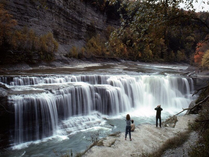 People at Waterfall — Green, Serene, Autumn