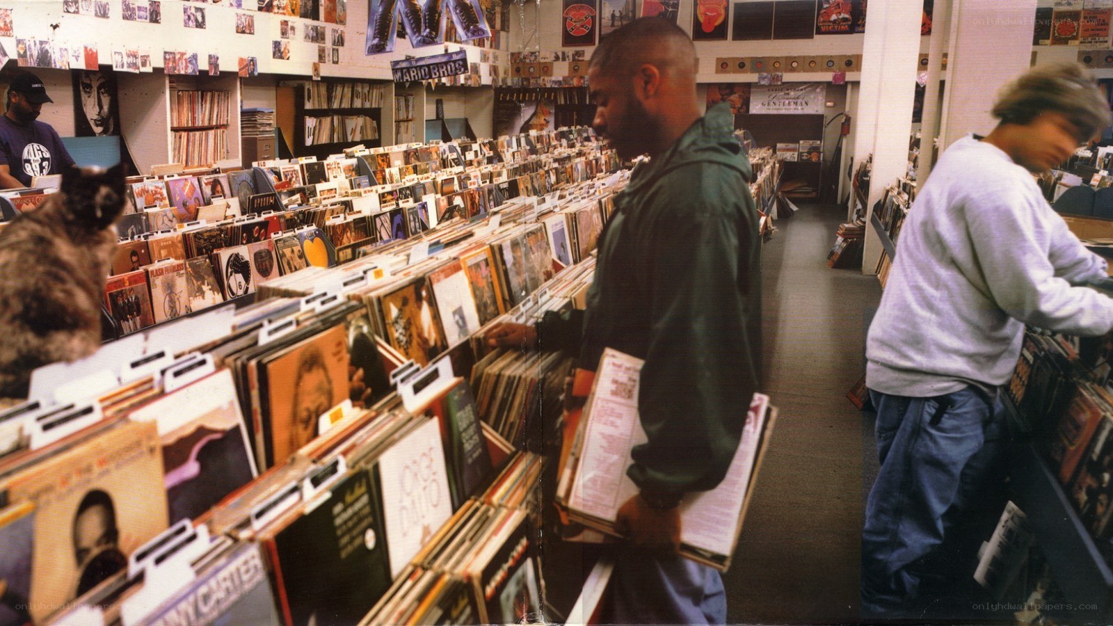 People browsing records in a store