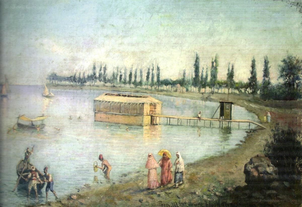 People by a lakeside scene