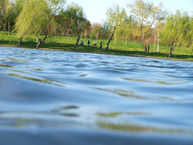 People by the lake in spring