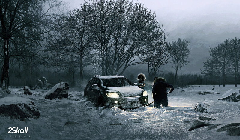 People Clearing Snow from Car