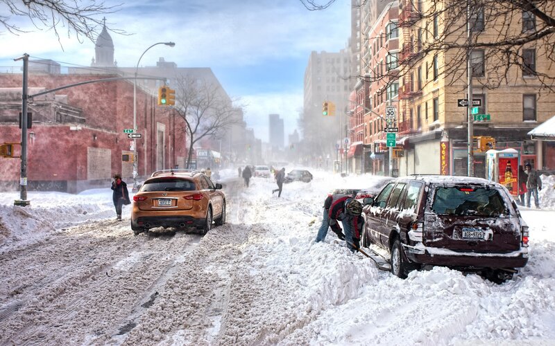 People Clearing Snow from Cars — White, Cold