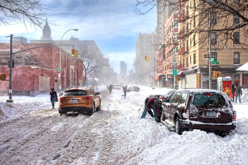 People Clearing Snow from Cars — White, Cold, Winter, Photograph, Buildings, Pedestrians, Brown, Gray