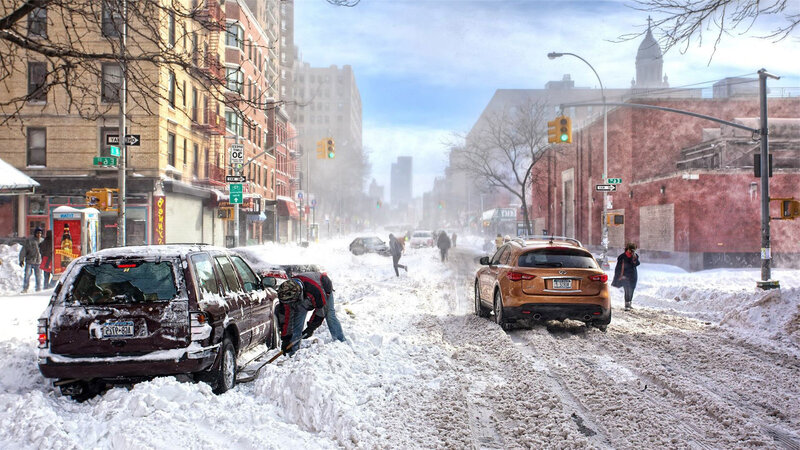 People Clearing Snow from Cars — White, Cold, Winter, Photograph