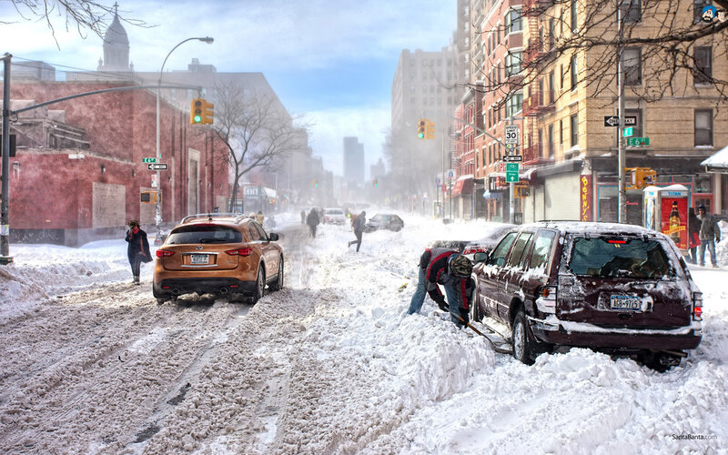 People Clearing Snow from Cars — White