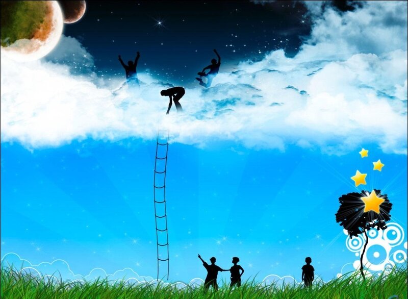 People climbing a ladder to the sky
