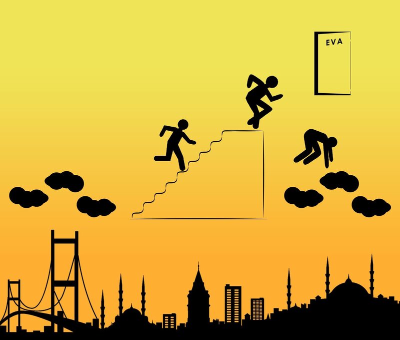 people climbing stairs to door