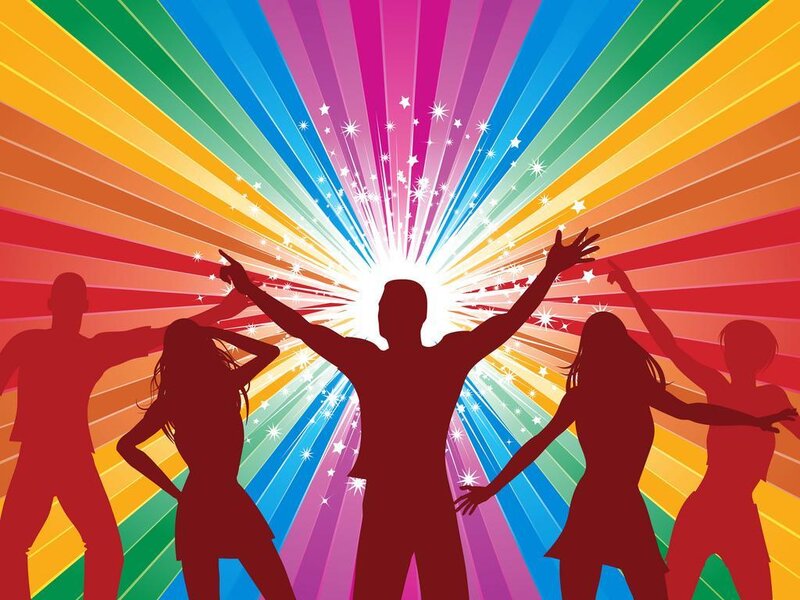people dancing in rainbow light