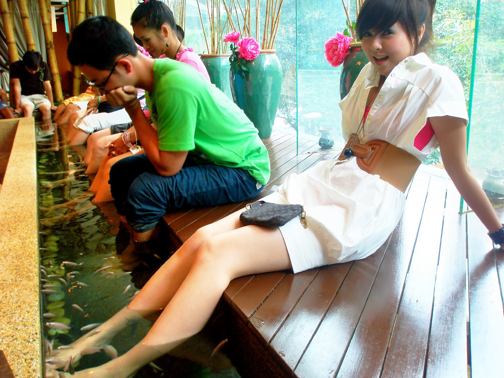 People enjoying fish spa