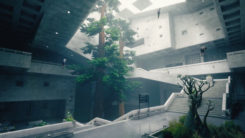 People Falling in Atrium — Gray