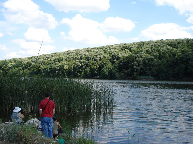 People fishing by a lake