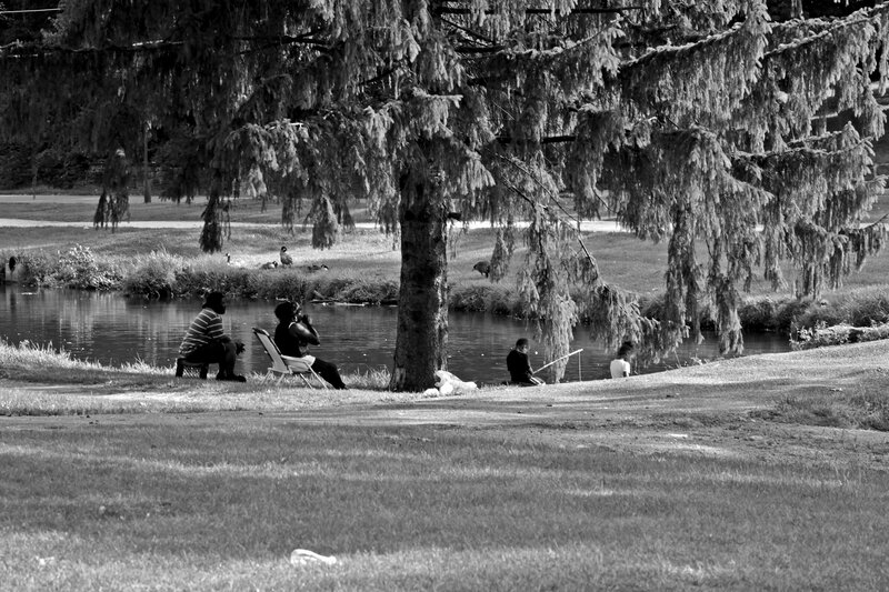 People Fishing by Pond