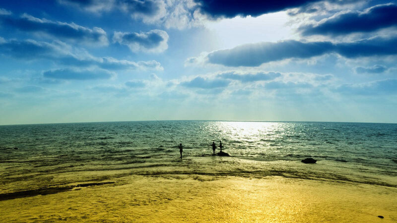 People Fishing on Beach — Blue